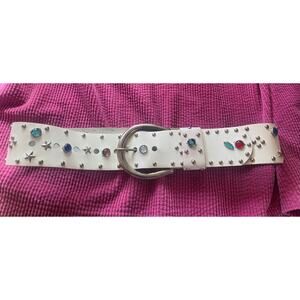 Vintage bedazzled colorful gem & grommet white leather belt size S/M